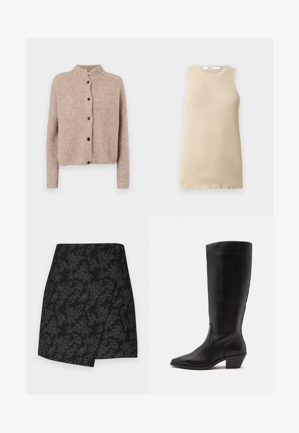 Vaaleanbeige neulecardigan, jossa on korkea kaulus, ribbikuviointi ja viisi mustaa nappia edessä. Lyhyet, hieman löysät hihat.; Beige ribbattu toppi ilman hihoja, jossa on pyöreä kaula-aukko, tiukka istuvuus ja sileä tekstuuri, ideaalinen kerrospukeutumiseen tai lämpimille säille.; Musta hame, jossa on kääntödesign ja hopeasävyinen lehtikuvio. Sujuva pinta, epäsymmetrinen helma, keskipolven pituus.; Musta keskisääreen ulottuva nahkasaapas, jossa on terävä kärkiosa ja matala vino korko yksinkertaisella vaalealla taustalla.
