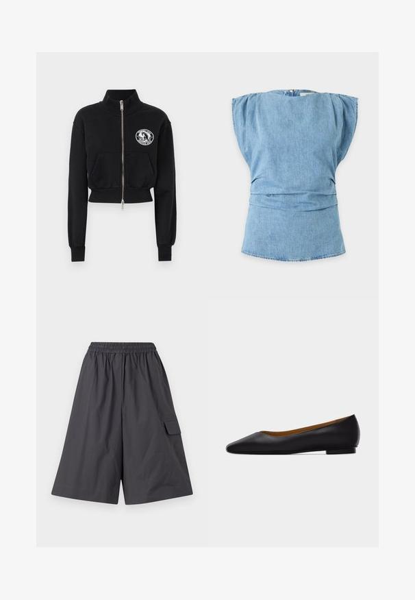 Must musta, kõrge kaelusega ja esi tõmblukuga, kahe tasku ja valge graafilise laiguga, millel on hobuse disain.; Helesinine lühikeste varrukatega denim-ülaosa, lahtise lõikega ja kergelt kogutud vöökoha juures, valgel taustal.; Tumed hallid lühikesed püksid elastse vööiviga, lamedat esiosa ja külgpocketit. Valmistatud kergest kangast. Laia, lõdva jala disain.; Mustast nahast terava ninaga madala kontsaga tasasel tallal king, nähtud küljelt helehallil taustal.