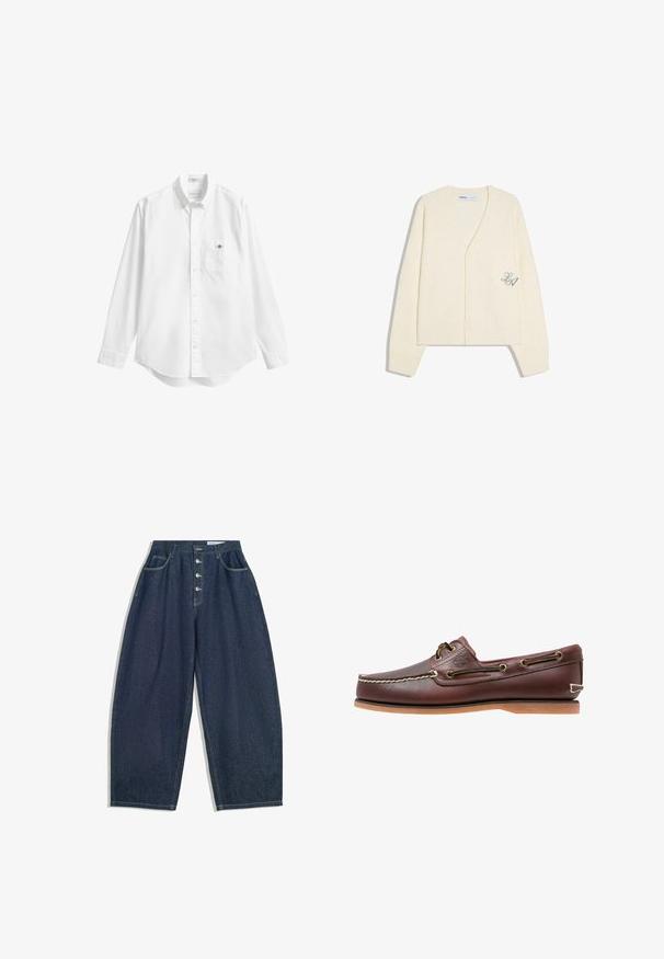 Cardigan tricoté couleur crème avec manches longues, col en V, fermeture à boutons, et petit détail brodé "LA" sur le bas devant.; Chemise blanche boutonnée, manches longues, tissu en coton doux, ourlet arrondi, poche poitrine unique, petit logo sur la poche, col classique.; Pantalons en denim bleu foncé à jambes larges avec une taille haute, fermeture à cinq boutons et cinq poches. Présente des accents de couture sur les coutures.; Chaussure bateau en cuir marron avec coutures blanches, détails de lacets et semelle en caoutchouc beige, vue de côté sur fond blanc.