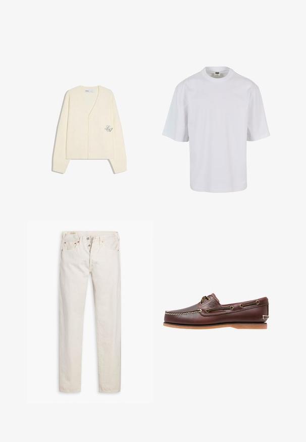 Roomkleurig gebreid vest met lange mouwen, V-hals, knoopsluiting en een klein geborduurd "LA" detail aan de onderkant van de voorkant.; Witte, korte mouw t-shirt van katoen. Beschikt over een ronde hals en een losse pasvorm met een gladde textuur en geen zichtbare patronen of graphics.; Oudwitte high-rise slim-fit jeans met knoopsluiting, vijf zakken en koperen klinknagels, plat gelegd op een witte achtergrond.; Bruine leren bootschoen met witte stiksels, veterdetails en beige rubberen zool, zijaanzicht op een witte achtergrond.