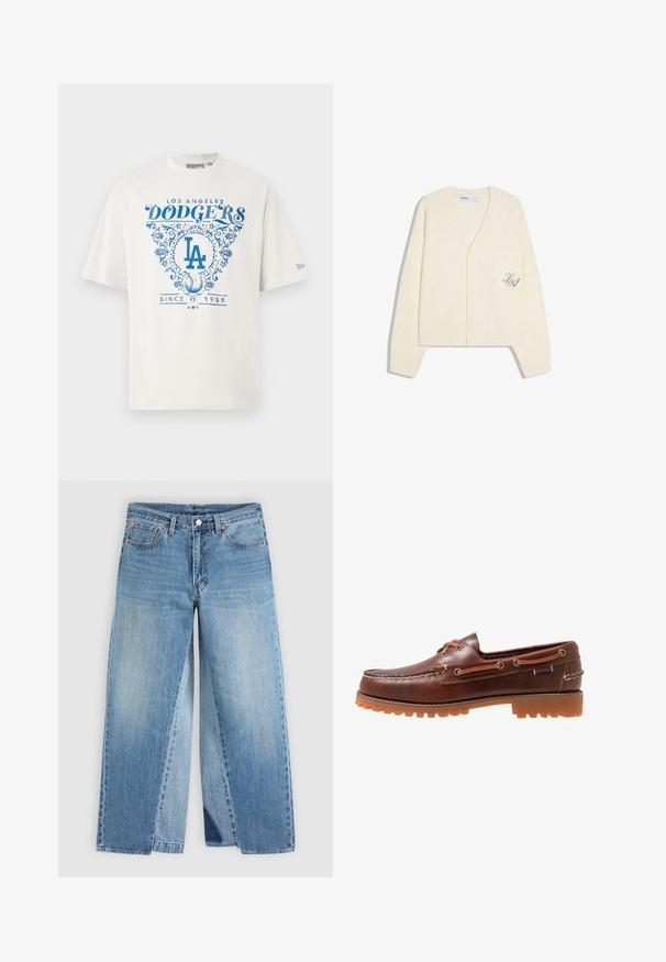 Roomkleurig gebreid vest met lange mouwen, V-hals, knoopsluiting en een klein geborduurd "LA" detail aan de onderkant van de voorkant.; Witte katoenen t-shirt met blauwe grafische tekst "LOS ANGELES DODGERS" en "SINCE 1958" met bloemaccenten en het "LA"-logo in het midden.; Blauwe spijkerbroek met rechte pijpen, klassiek ontwerp met vijf zakken en een knoopsluiting aan de voorkant, plat weergegeven op een neutrale achtergrond.; Bruine leren bootschoen met rubberen loopzool, veterogen en een gestikte bovenkant, voorzien van een verhoogd, gestructureerd patroon langs de teen.