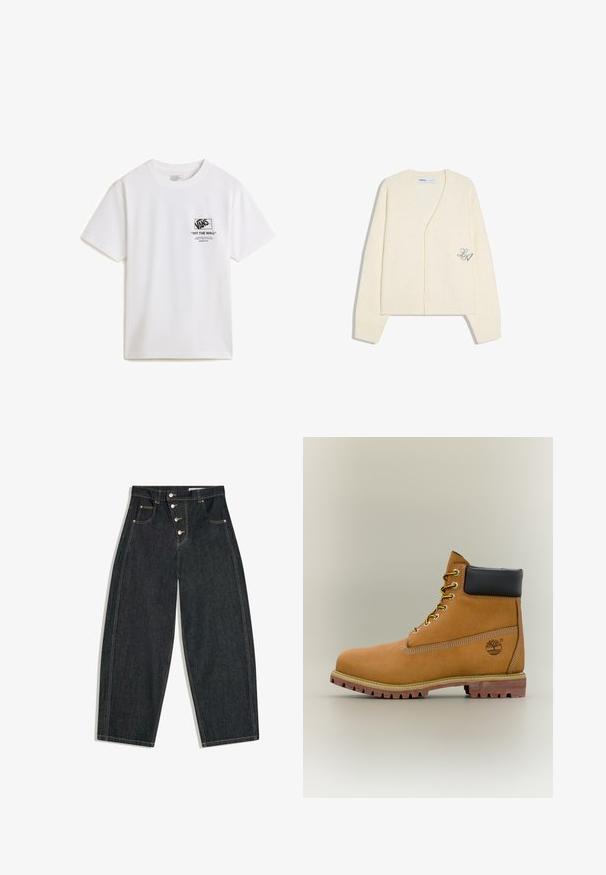 Kremfarvet strikket cardigan med lange ærmer, V-hals, knaplukning og lille broderet "LA" detalje på den nederste front.; Hvid bomulds T-shirt med korte ærmer, der har et sort grafisk print på venstre side, som inkluderer Vans-logoet og tekstdetaljer.; Sort, højtaljede cowboybukser i denim med vide ben, fire knapper foran, forlommer med nitter og kontrastsyning.; Brun læderankelstøvle med sort krave, gule snørebånd og tanfarvet sål. Har logo og hvide syninger som detalje. Robust ydersål med greb.