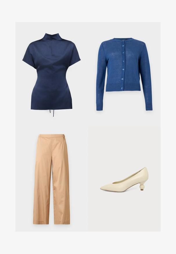Cardigan bleu à manches longues avec boutons, col rond et poignets et ourlet côtelés, présenté sur un fond clair uni.; Blouse bleu marine à manches courtes, col montant et taille cintrée, présentée sur fond blanc.; Pantalon beige à jambes larges avec une taille haute, un devant plat et un ourlet droit, présenté sur un fond gris clair uni.; Chaussure femme couleur crème à bout pointu avec un petit talon rond en forme de boule, sur fond uni.