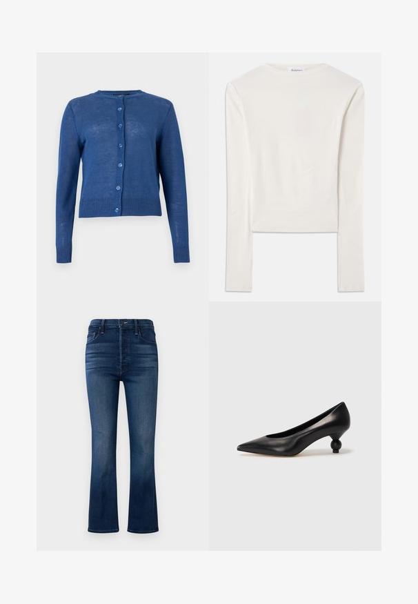 Blå langærmet cardigan med knapper, rund halsudskæring samt ribkant ved ærmer og kant, vist på ensartet lys baggrund.; Hvid langærmet top lavet af bomuld, med en simpel rund hals og en slim fit. Stof er glat med en let stræk.; Flared jeans i mørkeblåt denim. Har et højtaljet design, fem lommer og minimale syninger. Glat tekstur og ren finish.; Sort læder høje hæle med spids tå og rund, kugleformet hæl. Glat tekstur med et stilrent, minimalistisk design.