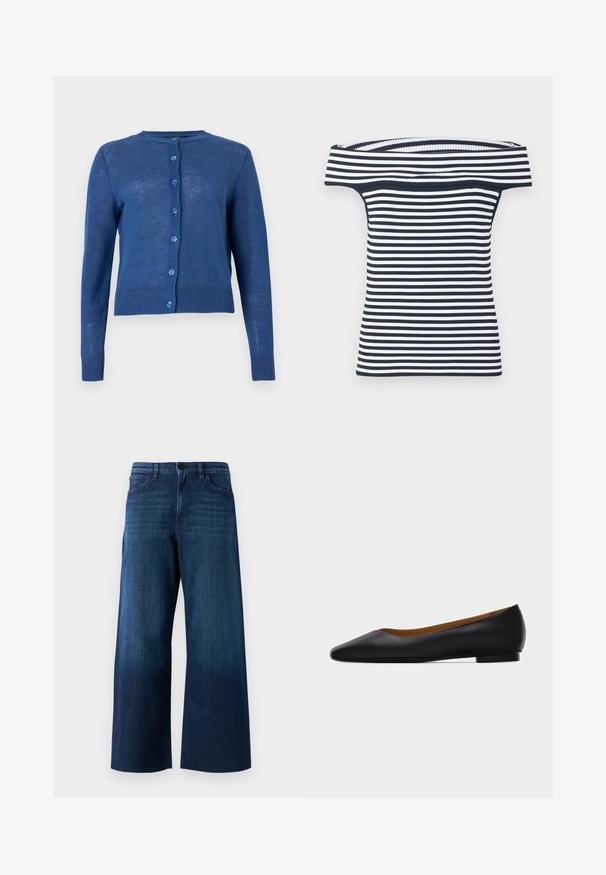 Cárdigan azul de manga larga con botones, cuello redondo y puños y dobladillo acanalados, presentado sobre un fondo claro y liso.; Top de canalé con escote de hombros descubiertos, con rayas horizontales en azul marino y blanco, silueta ajustada y cuello ancho doblado.; Jeans de mezclilla azul oscuro de pierna ancha con botón frontal, pasadores para cinturón y diseño clásico de cinco bolsillos sobre fondo liso.; Zapato plano de punta puntiaguda de cuero negro con tacón bajo y acabado liso, mostrado de perfil sobre un fondo gris claro.