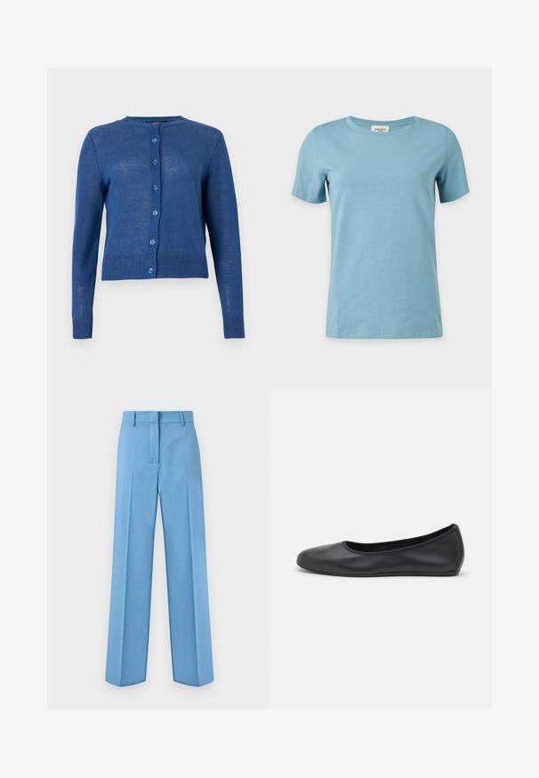 Cardigan bleu à manches longues avec boutons, col rond et poignets et ourlet côtelés, présenté sur un fond clair uni.; T-shirt bleu clair à manches courtes et col rond avec un design simple et uni, présenté sur fond blanc.; Pantalon droit bleu clair ajusté avec passants pour ceinture et fermeture éclair à l'avant, présenté sur un fond blanc.; Ballerines en cuir noir avec un bout rond, texture lisse, détails de couture minimalistes et design de semelle flexible.