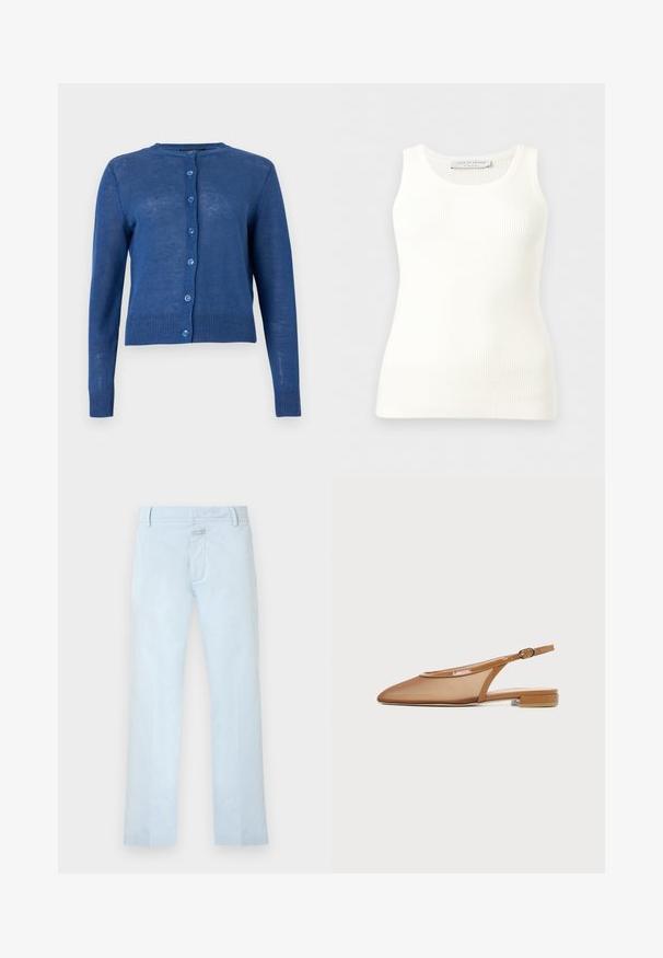Cardigan bleu à manches longues avec boutons, col rond et poignets et ourlet côtelés, présenté sur un fond clair uni.; Débardeur blanc côtelé sans manches avec encolure ronde, coupe ajustée, et étiquette de la marque à l'intérieur du col arrière.; Pantalon bleu clair à jambes droites avec poches avant, passants de ceinture, et fermeture dissimulée par bouton et zip.; Chaussure plate à bride arrière marron avec bout pointu, fine bride avec boucle et petit talon bloc sur fond blanc.