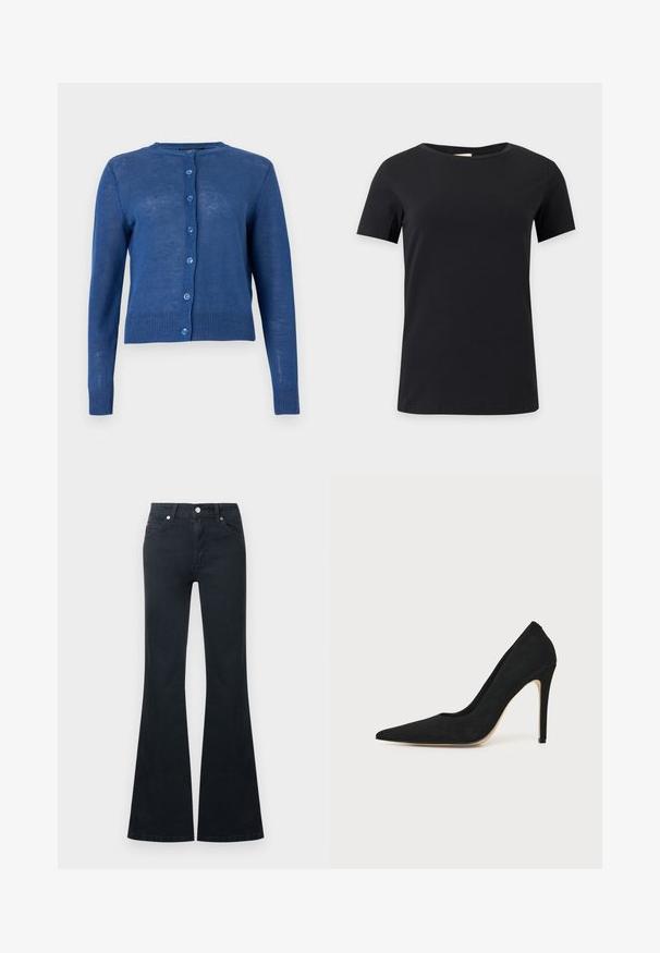 Cardigan bleu à manches longues avec boutons, col rond et poignets et ourlet côtelés, présenté sur un fond clair uni.; T-shirt noir uni à manches courtes et col rond, présenté sur un fond blanc, vue de face avec un design simple et épuré.; Jean en denim noir évasé avec une taille haute, cinq poches et une fermeture à bouton métallique. Texture lisse et détails de couture contrastés.; Escarpin stiletto noir à talon haut avec bout pointu et texture lisse, présenté de profil sur un fond clair uni.