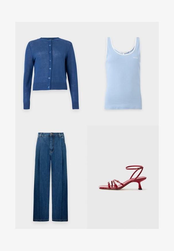 Blå langærmet cardigan med knapper, rund halsudskæring samt ribkant ved ærmer og kant, vist på ensartet lys baggrund.; Lyseblåt ribstrikket tanktop med hvid kant rundt i halsudskæringen og ærmerne, med et lille "Stine Goya" logo på brystet.; Bredde ben denim bukser i mørkeblå, med frontfolder, knaplukning og klassisk stikning langs sømmene. Glat tekstur hele vejen igennem.; Røde lakerede lædersandaler har tre tåremme og en justerbar ankelrem. Hælen har en stilfuld blokform, cirka 5 cm høj.