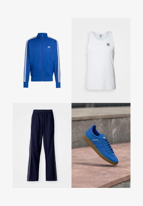 Veste de sport en maille bleue avec accents de trois bandes blanches sur les manches, col haut, fermeture éclair complète et petit logo blanc sur la poitrine.; Débardeur blanc à côtes avec col rond, logo Adidas noir sur la poitrine gauche, sans manches. Matière en coton doux, coupe décontractée.; Pantalon de sport bleu marine avec une taille élastique, comportant trois bandes latérales blanches et une coupe droite. Texture en denim doux.; Baskets Adidas Spezial bleues avec semelle en gomme, lacets noués, suspendues au-dessus d'une surface lase en pierre près d'un mur en béton gris.
