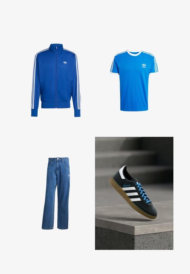 Chaqueta deportiva azul de malla con detalles de tres franjas blancas en las mangas, cuello alto, cremallera completa y pequeño logo blanco en el pecho.; Camiseta de algodón azul con cuello redondo y dobladillos de mangas en blanco. Presenta tres franjas blancas clásicas a lo largo de los hombros; pequeño logo en el pecho.; Vaqueros de mezclilla anchos de talle alto en azul, con bolsillos frontales, presillas para cinturón, cierre de botón y pequeño logo de Adidas en el muslo derecho.; Zapatilla negra Adidas con franjas blancas, cordones azules y suela de goma flotando sobre un escalón de hormigón gris con luz suave.