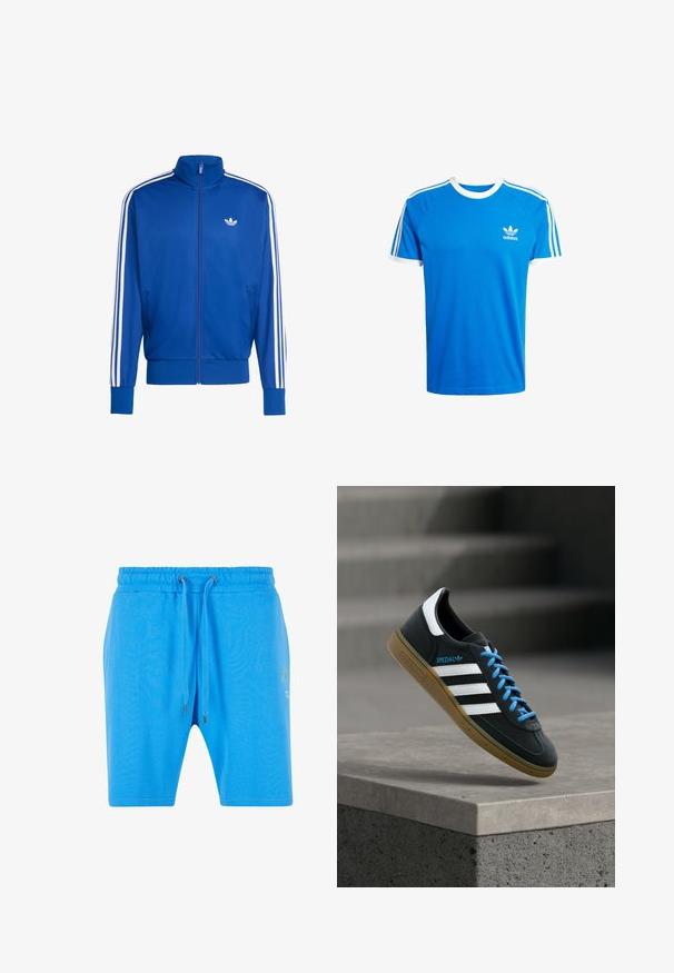 Chaqueta deportiva azul de malla con detalles de tres franjas blancas en las mangas, cuello alto, cremallera completa y pequeño logo blanco en el pecho.; Camiseta de algodón azul con cuello redondo y dobladillos de mangas en blanco. Presenta tres franjas blancas clásicas a lo largo de los hombros; pequeño logo en el pecho.; Pantalones cortos de algodón azul con una cinturilla elástica, cierre de cordón y un sutil detalle gráfico en el lado. Textura suave y corte holgado.; Zapatilla negra Adidas con franjas blancas, cordones azules y suela de goma flotando sobre un escalón de hormigón gris con luz suave.
