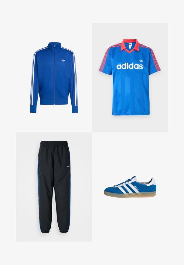 Blå net-træningsjakke med hvide tre-stribe accenter på ærmerne, høj krave, fuld lynlås og lille hvidt logo på brystet.; Blå Adidas kortærmet sportstrøje med rød krave og striber på skuldrene, med hvidt Adidas-logo og trefoldet emblem på brystet.; Sorte atletiske bukser med elastisk talje, blå sideløb, lynlåslommer og tætsiddende benafslutninger for en stram pasform. Lavet af let materiale.; Blå og hvide Adidas Gazelle sneaker med gummisål og tre hvide striber, set fra siden på en hvid baggrund.