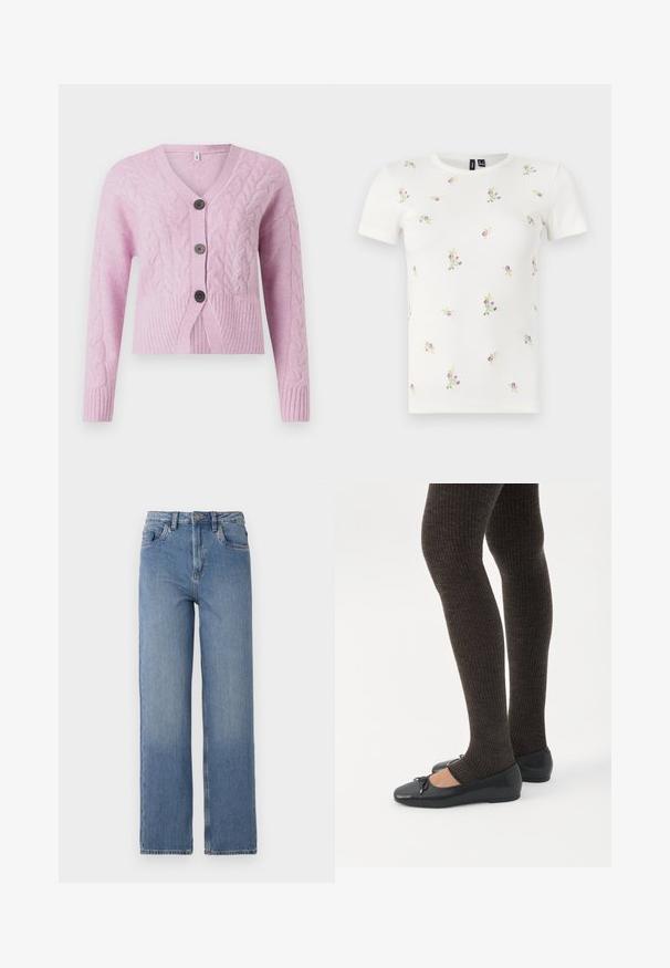 Lyserød cropped cardigan lavet af tekstureret strik med kabelmønstre, der har V-hals, ribbet kant og tre mørke knapper foran.; Hvid bomulds t-shirt med korte ærmer, med en ribbet tekstur og spredt blomsterbroderi i pink og grøn over hele.; Højtaljede blå denim jeans med lige ben. Har klassisk fem-lomme design og subtil udblegning på forsiden.; Ben iført mørke ribbede leggings kombineret med sorte balletsko med små sløjfedetaljer på hvid baggrund.
