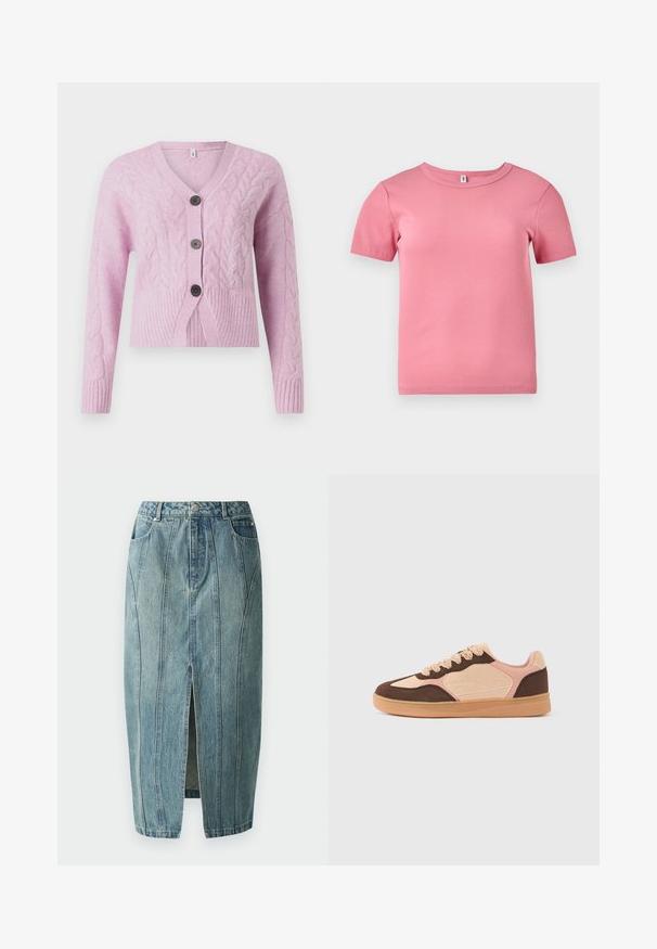 Rosa, kurz geschnittene Strickjacke aus strukturiertem Garn mit Zopfmuster, V-Ausschnitt, geripptem Saum und drei dunklen Knöpfen auf der Vorderseite.; Kurze Ärmel, pinkes, geripptes T-Shirt aus weichem Stoff, mit Rundhalsausschnitt und leicht tailliertem Design.; Copenhagen Muse JEANNE SKIRT - Jeansrock - medium dirty washed denim; Legerer Sneaker mit hellbeigen, zartrosa und dunkelbraunen Wildlederpaneelen, Schnürverschluss und Gummisohle vor einfachem Hintergrund.