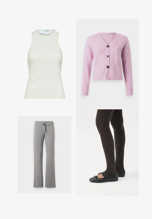 Rosa, kurz geschnittene Strickjacke aus strukturiertem Garn mit Zopfmuster, V-Ausschnitt, geripptem Saum und drei dunklen Knöpfen auf der Vorderseite.; Ärmelloses weißes geripptes Tanktop mit rundem Ausschnitt von Selected Femme, zeigt Vorderansicht ohne Muster oder Dekorationen.; Graue Sweatpants aus Baumwollmischung mit weitem Schnitt, elastischem Bund und verstellbarem Kordelzug. Weiche Textur, glatte Oberfläche, ohne Muster.; Beine in dunklen, gerippten Leggings kombiniert mit schwarzen Ballerinas mit kleinen Schleifendetails auf weißem Hintergrund.