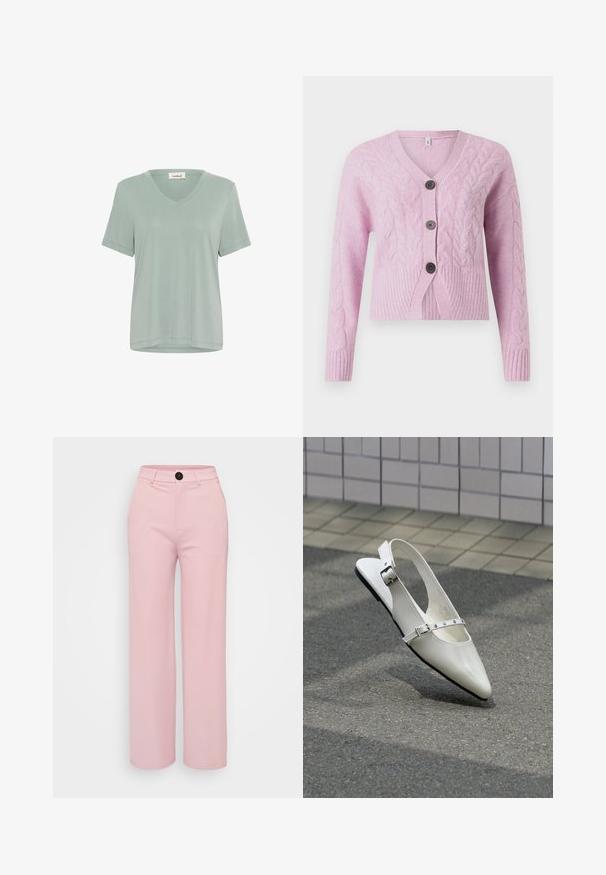 Rosa, kurz geschnittene Strickjacke aus strukturiertem Garn mit Zopfmuster, V-Ausschnitt, geripptem Saum und drei dunklen Knöpfen auf der Vorderseite.; Weiches, hellgrünes T-Shirt mit V-Ausschnitt und kurzen Ärmeln. Hergestellt aus glattem Stoff, mit lockerer Passform und minimalen Nähten.; Helle rosa weite Hose mit glatter Textur, ausgestattet mit einem schwarzen Knopf und einem klassischen Taillendesign. Keine zusätzlichen Taschen sichtbar.; Weißer spitzer Slingback-Slipper mit zwei silbernen Schnallen, abgebildet im Freien auf strukturiertem Boden und gefliester Wand im Hintergrund.