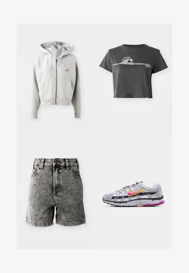 Grijze zip-up hoodie met een voorzak, verstelbare trekkoordkap, ribgebreide manchetten en een klein logo op de borst. Gemaakt van een katoenmix.; Donkere grijze cropped T-shirt met een witte gestileerde golf, palmboom grafiek en "ROXY" tekst op de voorkant.; Zwarte denim shorts met een hoge taille, vijf zakken en een versleten textuur met zichtbare stiksels en metalen hardware details.; Grijze mesh hardloopschoen met een opvallende roze en gele swoosh, zwarte accenten en een gestructureerde rubberen zool. Kenmerkt zich door een verstevigde neus en een gevoerde kraag.