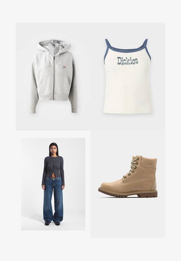 Grauer Reißverschluss-Hoodie mit einer Vorderasche, verstellbarem Kordelzug-Hauben, gerippten Bündchen und einem kleinen Logo auf der Brust. Material aus Baumwollmischung.; Weißes Croptop mit dünnen blauen Trägern und blauen Abschlüssen, mit abgenutztem "Dickies" Logo zentral auf der Brust.; Graues geripptes, knöpfbares Crop-Top mit langen Ärmeln und einem Schlitz vorne, kombiniert mit lockeren blauen, hochgeschnittenen Denim-Jeans. Schwarze Schuhe.; Beige Leder Stiefeletten mit runder Spitze, beigen Schnürsenkeln und robuster Sohle. Mit Seitennähten und einem runden Logo an der Ferse.