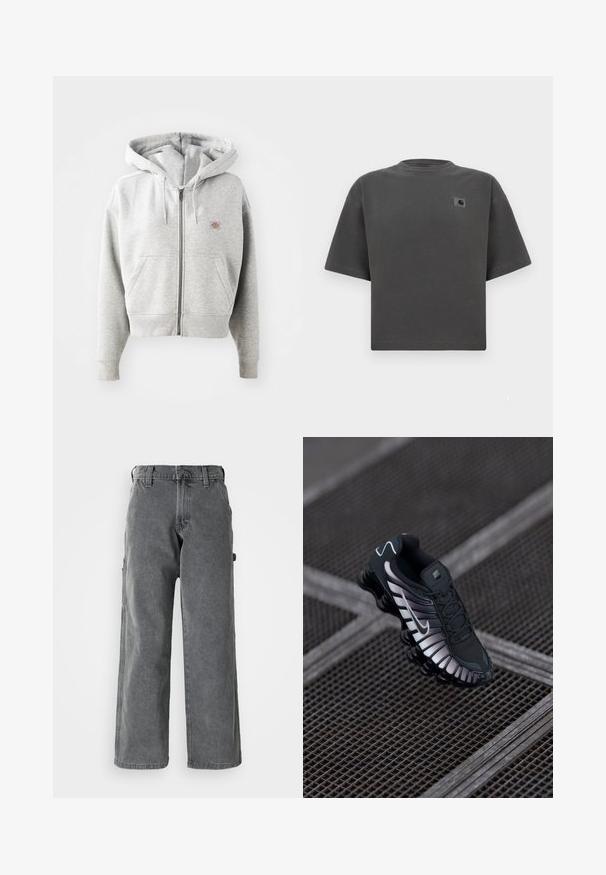 Grijze zip-up hoodie met een voorzak, verstelbare trekkoordkap, ribgebreide manchetten en een klein logo op de borst. Gemaakt van een katoenmix.; Donkergrijs oversized T-shirt met korte mouwen, ronde hals en een kleine Carhartt-logopatch op de linkerborst.; Grijze cargo-broek met wijde pijpen van denim, voorzien van zijzakken, een knoopsluiting en een rechte pasvorm. De stof heeft een zachte textuur.; Zwarte sportschoen met een geprofileerde bovenkant van mesh, zilveren accenten, ondersteuning voor de voetenboog en een gevoerde zool met een duidelijk gesegmenteerd ontwerp.