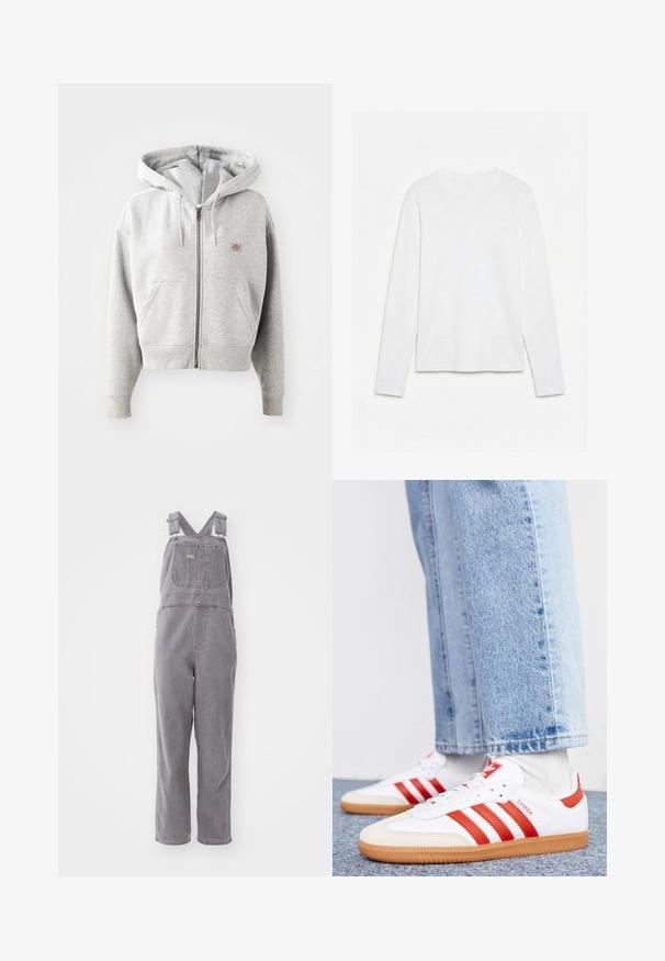 Sudadera con cremallera gris, con un bolsillo frontal, capucha ajustable con cordón, puños acanalados y un pequeño logotipo en el pecho. Material de mezcla de algodón.; Camiseta blanca lisa de manga larga con cuello redondo, extendida sobre una superficie blanca, mostrando el frente y la longitud completa de la manga.; Overoles de mezclilla gris con tirantes ajustables, un bolsillo frontal y un ajuste relajado. Cuenta con piernas de corte recto y un color sólido en toda la prenda.; Zapatillas de cuero blancas con rayas y detalles rojos. Cuentan con una suela de goma texturizada y un collar acolchado. Llevadas con denim azul claro.