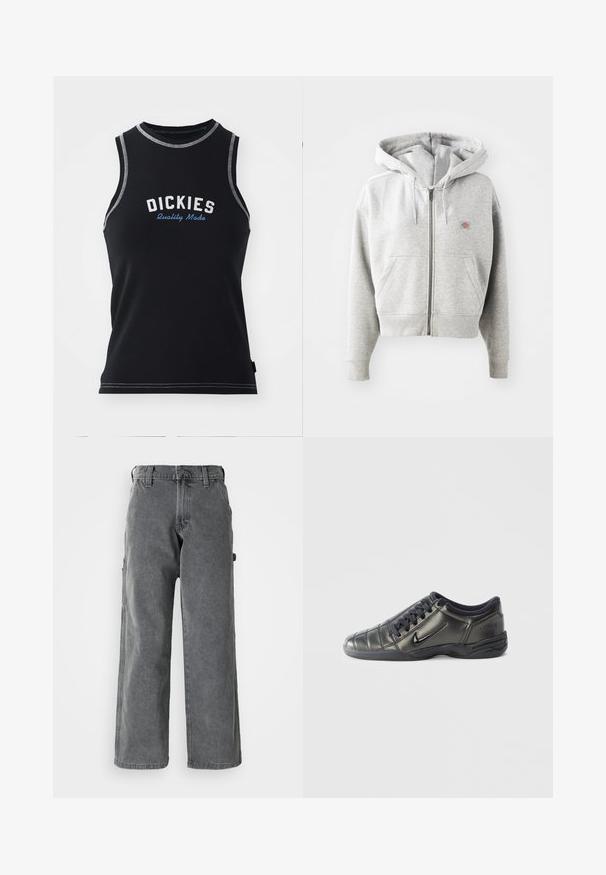 Grauer Reißverschluss-Hoodie mit einer Vorderasche, verstellbarem Kordelzug-Hauben, gerippten Bündchen und einem kleinen Logo auf der Brust. Material aus Baumwollmischung.; Schwarzes ärmelloses Tanktop mit grauen Nähten. Mit dem "DICKIES"-Logo in Weiß und Blau. Aus einem glatten, dehnbaren Stoff.; Graue weite Cargo-Hosen aus denim, mit Seitentaschen, einem Knopfverschluss und gerader Passform. Der Stoff hat eine weiche Textur.; Schwarzer niedriger Nike Sneaker mit Schnürsenkeln, genähten Details und einer strukturierten Sohle vor einem schlichten weißen Hintergrund.