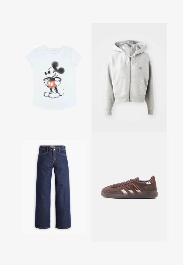 Grå lynlåshoodie med en frontlomme, justerbar snor i hætten, ribbede manchetter og et lille logo på brystet. Materialet er en bomuldsblanding.; Hvid t-shirt med korte ærmer, der har et grafisk motiv af Mickey Mouse, illustreret i sort og rød med overdimensionerede ører og runde sko.; Mørkeblå denim jeans med høj talje, bred benklipp og diskret orange syninger. Har knap- og lynlåslukning foran.; Brun ruskind Adidas-sneaker med hvide og mørkere brune striber, lavprofilsål og guldfarvet "Spezial"-tekst på siden.