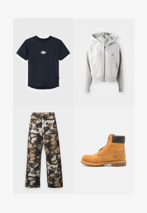 Grå lynlåshoodie med en frontlomme, justerbar snor i hætten, ribbede manchetter og et lille logo på brystet. Materialet er en bomuldsblanding.; Sort bomulds t-shirt med korte ærmer, rund hals og et lille flerfarvet logo på brystet. Lige kant med en let længere ryg.; Viddebenede bukser med et fedt, abstrakt mønster i sort, brun og creme. Fremstillet af tekstureret stof med høj talje.; Brune læder ankelstøvle med sort polstring, gyldne øsken og en tekstureret sål. Har et cirkulært logo på siden og synlige syninger.