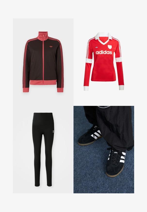 Zwarte sportjas met een hoge kraag, roze accenten, twee steekzakken aan de zijkant en drie roze strepen op elke mouw. Klein logo op de borst.; Rode lange mouwen voetbalshirt met een witte kraag en manchetten. Heeft drie witte strepen op de schouders en het "adidas" logo prominent weergegeven.; Zwarte legging van rekbaar materiaal met een hoge taille, voorzien van een klein wit Adidas-logo op het linkerbeen. Gladde textuur.; Zwarte suède sportschoenen met drie witte strepen en zwarte veters. Een gestructureerde zwarte broek is deels zichtbaar naast de schoenen.