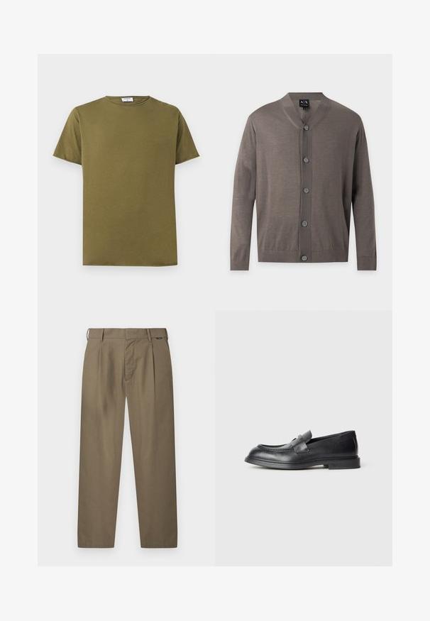 Brown long-sleeve button-up cardigan with ribbed cuffs and hem, featuring a V-neck collar and five front buttons.; Plain olive green short-sleeve cotton T-shirt with round neckline and visible white brand label inside collar.; Men’s straight-leg khaki trousers with belt loops, front pleats, and a concealed button and zip closure.; Black leather loafers with a textured finish, featuring a decorative front strap and a rounded toe. Rubber sole for durability.