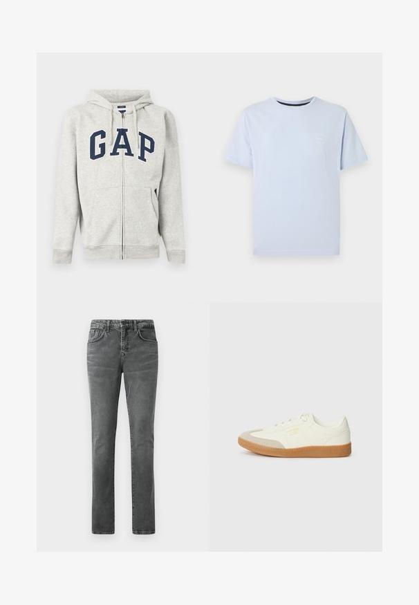 Hellgrauer Kapuzenpullover mit Reißverschluss, navyblaue "GAP"-Beschriftung auf der Brust und vorderen Eingrifftaschen.; Hellblaues T-Shirt mit kurzen Ärmeln und Rundhalsausschnitt, mit kleinem weißem Logo auf der linken Brust, vor schlichtem weißem Hintergrund.; Graue Jeans aus Denim mit geradem Bein, Fünf-Taschen-Design, dezenter Ausbleichung und Gürtelschlaufen. Keine sichtbaren Logos oder Verzierungen.; Sneaker aus weißem Leder mit einer beigen Zehenkappe und leichter brauner Gummisohle. Verfügt über flache weiße Schnürsenkel und geprägtes Branding an der Seite.