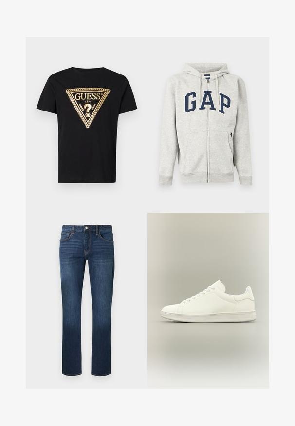 Svetlosivá mikina na zips s kapucňou, na hrudi s tmavomodrým nápisom "GAP" a prednými rozdelenými vreckami.; Guess CHAIN - Tričko s potlačou - jet black; Tmavomodré riflové nohavice s rovnými nohavicami, dizajnom s piatimi vreckami a zapínaním na predné gombíky, s jemným vyblednutím na stehnách.; Minimalistická biela nízka teniska so šnúrkami, hladkým koženým zvrškom a textúrovanou gumovou podrážkou zobrazená na neutrálnom pozadí.