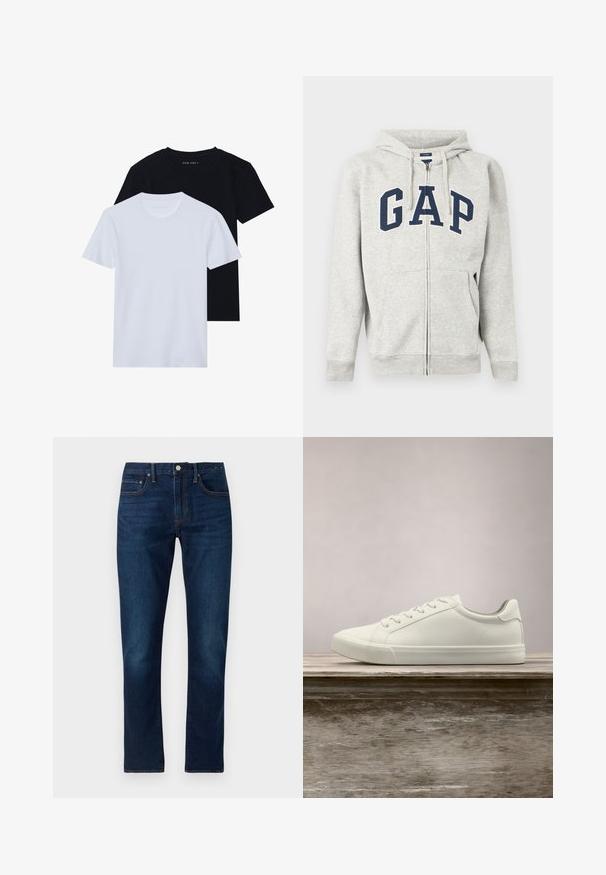 Lysegrå hættetrøje med lynlås, navyblå "GAP"-bogstaver hen over brystet og frontlommer med split.; To kortærmede t-shirts med rund hals, en sort og en hvid, lavet af blødt bomuldsstof med ribbet struktur. Klassisk pasform design.; Mørkeblå denim jeans med lige ben. Funktioner inkluderer kontrastsyninger, fem lommer og lukning med knap foran.; Hvide snørresneakers svævende over en træbænk med grønne planter i baggrunden, der fremhæver skodesign og tekstur.