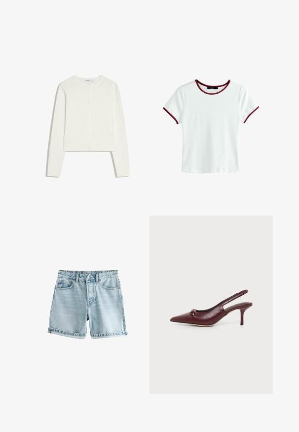 Hvid kabelstrikket kort cardigan med lange ærmer, rund hals og knapper foran.; Hvid T-shirt med korte ærmer og rund hals, der har bordeaux detaljer ved halsudskæringen og ærmeenderne. Glat, let stof.; Lyseblå denim shorts med rå kant, fem lommer og knaplukning. Stoffet har en let slidt tekstur.; Bourgogne læder slingback pumpe med spids tå, lav stilet hæl og lille knudedetalje foran, vist på ensfarvet baggrund.
