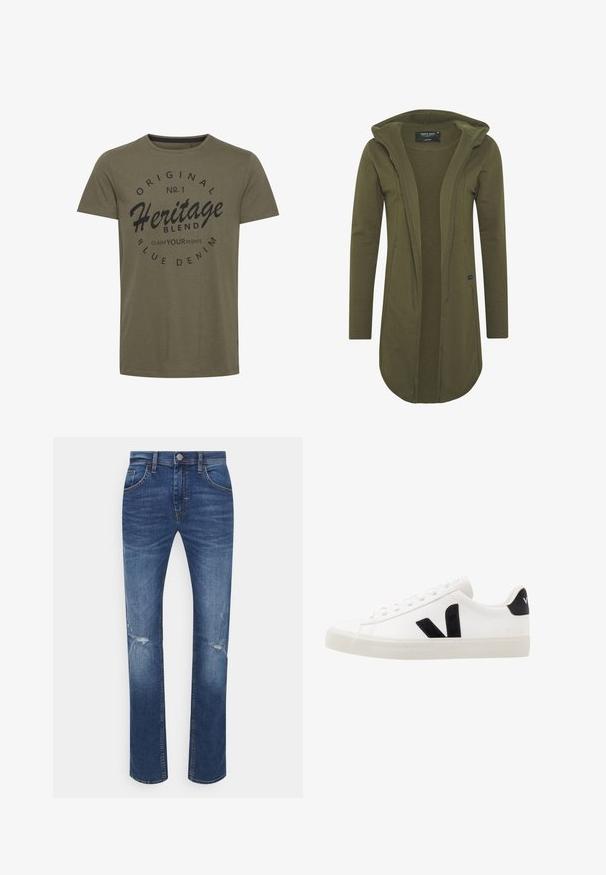 Olijfgroene hoodie cardigan van zachte stof, met een open voorkant, lange mouwen en een afgeronde zoom met zijkanten zakken.; Olijfgroen katoenen t-shirt met ronde hals, voorzien van zwarte bedrukte tekst: "Original No. 1 Heritage Blend Claim Your Rights" in een circulair ontwerp.; Blauwe denim jeans met lichte vervaging en kleine versleten scheurtjes op de knieën, met voorzakken, riemlussen en een knoopsluiting.; Witte leren sneaker met zwarte suède accenten; voorzien van een rubberen zool, ronde neus en een klassieke vetersluiting. Zijkant met logo in het zwart.