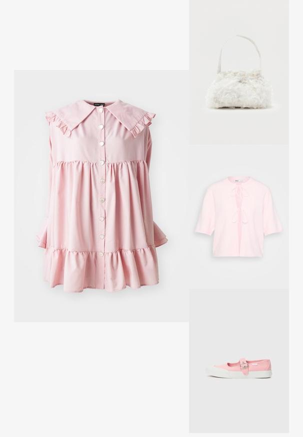 Cárdigan de manga corta en punto rosa suave con cuello redondo y dos lazos frontales. Presenta un ajuste relajado y diseño de frente abierto.; Blusa de algodón rosa con un cuello rizado, botones en forma de corazón y un dobladillo acampanado, con mangas largas que tienen acentos rizados.; Zapatilla de lona rosa con suela plana, que presenta una correa y hebilla en la parte media del pie. Suela de goma blanca con un diseño limpio y simple.; Pequeño bolso blanco con rosas de tela que cubren su cuerpo y una delgada correa única como asa, sobre un fondo liso.