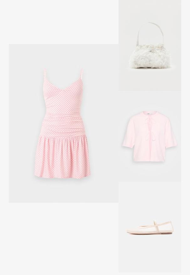 Short-sleeve cardigan in soft pink knit with a round neckline and two front ties. Features a relaxed fit and open front design.; Light pink sleeveless dress with thin straps and small black polka dots, featuring a fitted waist and gathered skirt.; Ballet flats with a sheer beige mesh upper and a satin strap, featuring a rounded toe and a low brown sole. Lightweight and flexible design.; Small white handbag with fabric roses covering the body and a thin single strap handle on a plain background.