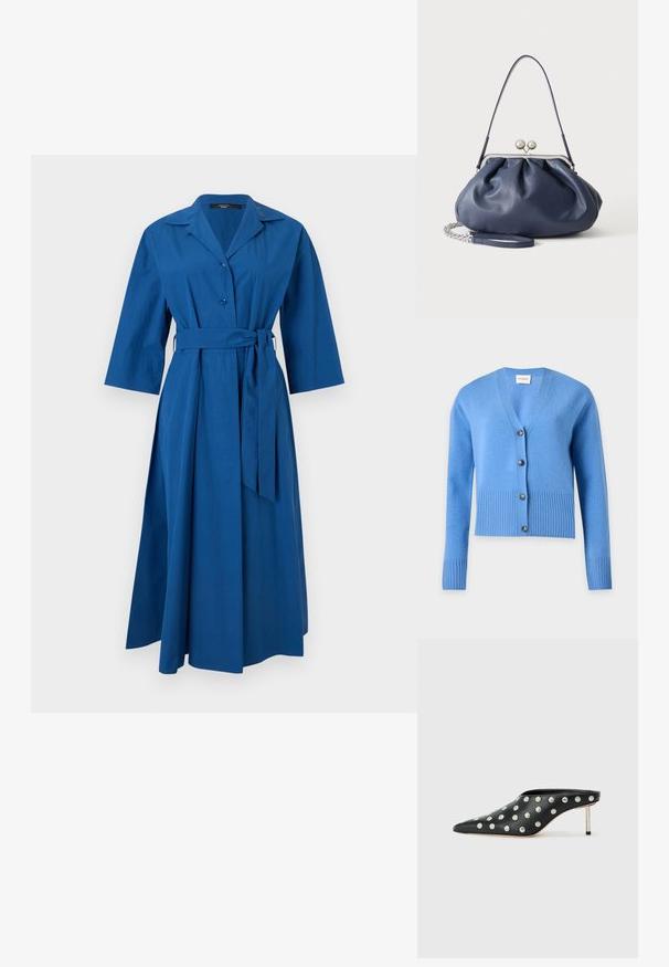 Cardigan tricoté bleu clair avec manches longues, poignets et ourlet côtelés, et quatre boutons foncés sur le devant.; Robe midi bleue avec col large, manches trois-quarts, boutonnière sur le devant et ceinture en tissu assorti nouée à la taille.; STAND STUDIO KELSEY - Mules à talons - black; Sac à main en cuir bleu marine doux avec fermeture à boucle argentée, une seule bandoulière, et une chaîne de poignet amovible sur fond blanc.