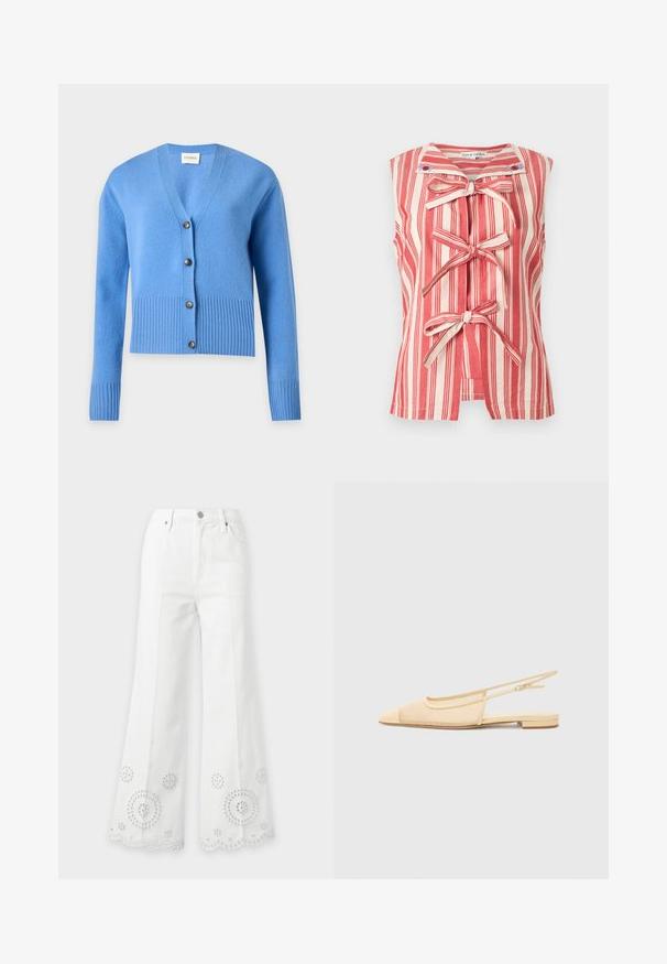 Cardigan tricoté bleu clair avec manches longues, poignets et ourlet côtelés, et quatre boutons foncés sur le devant.; Blouse sans manches à rayures verticales rouges et blanches, col marin et trois fermetures à nouer à l'avant.; Jean blanc taille haute à jambes larges avec broderie florale en œillet et ourlets festonnés.; Chaussure plate slingback en beige clair avec une tige en maille, un bout pointu et un petit talon. Dotée d'une sangle ajustable pour un bon maintien.