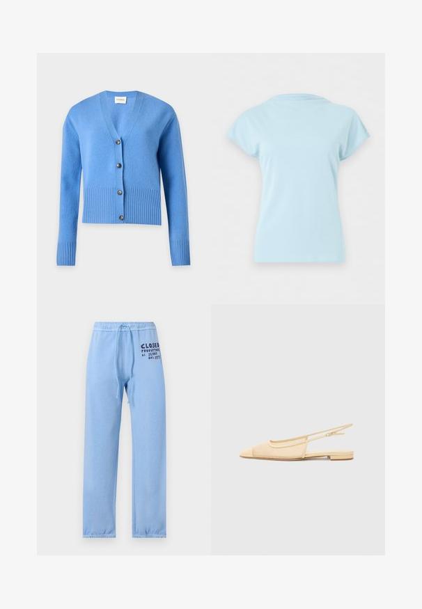 Cardigan tricoté bleu clair avec manches longues, poignets et ourlet côtelés, et quatre boutons foncés sur le devant.; T-shirt bleu clair à manches courtes et col rond, présenté à plat sans logos ni motifs visibles sur un fond blanc uni.; Pantalon de survêtement bleu clair avec poignets et ceinture élastiques, cordon de serrage, et logo texte foncé sur la partie supérieure de la cuisse gauche.; Chaussure plate slingback en beige clair avec une tige en maille, un bout pointu et un petit talon. Dotée d'une sangle ajustable pour un bon maintien.