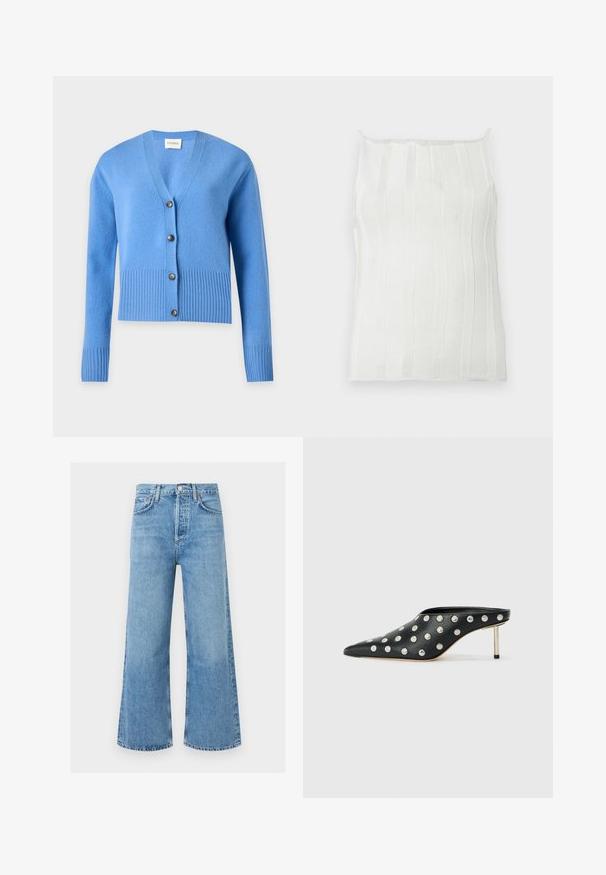 Cardigan tricoté bleu clair avec manches longues, poignets et ourlet côtelés, et quatre boutons foncés sur le devant.; Débardeur blanc côtelé à fines bretelles, avec des rayures verticales et une surface légèrement texturée. Design simple et ajusté sans ornements.; Jean en denim bleu clair taille haute à jambes larges avec bouton devant et poches, présenté sur un fond blanc uni.; STAND STUDIO KELSEY - Mules à talons - black