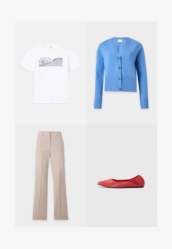 Cardigan tricoté bleu clair avec manches longues, poignets et ourlet côtelés, et quatre boutons foncés sur le devant.; T-shirt en coton blanc avec un graphique coloré d'une grande roue et d'une montagne russe, avec le texte "PS Paul Smith" en rouge et bleu.; Pantalon beige à jambes droites avec passants de ceinture et pli devant, présenté à plat sur fond blanc.; Filippa K REY FLATS - Ballerines - bright red
