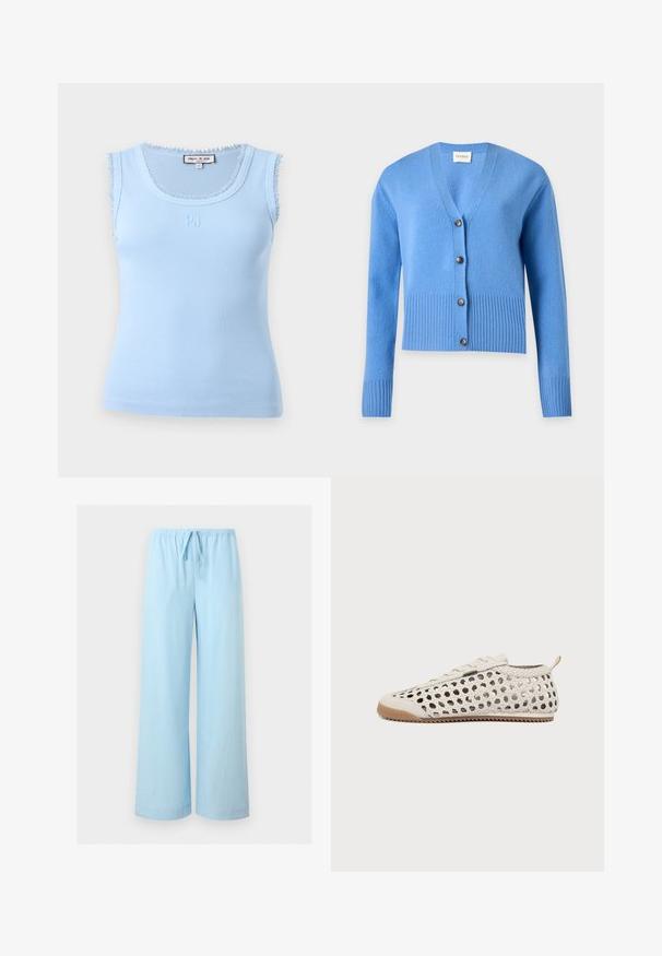 Cardigan tricoté bleu clair avec manches longues, poignets et ourlet côtelés, et quatre boutons foncés sur le devant.; Haut sans manches bleu clair à côtes avec bordure en dentelle aux emmanchures et à l'encolure, petit logo brodé "PJ" centré sous l'encolure.; Pantalon ample bleu clair avec une taille élastique et un cordon de serrage, présenté sur un fond gris uni.; Baskets en cuir tissé blanc avec semelle en gomme, lacets à l’avant et languette au talon, vues de l’intérieur sur fond blanc.