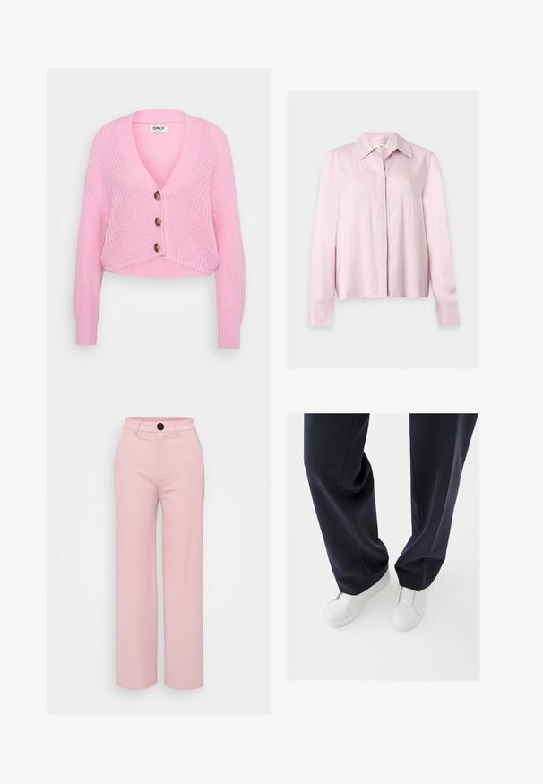Lyserød strikket kort cardigan med V-hals, lange ærmer og tre store brune knapper foran. Struktureret stof og ribbede manchetter.; Lyserød langærmet bluse med krave, skjult knaplukning og skræddersyede manchetter, vist på en ensfarvet lys baggrund.; Lys rosa bred benbukser med en glat tekstur, der har en sort knap og et klassisk talje design. Ingen ekstra lommer synlige.; Hvide sneakers med teksturerede gummisåler og flade snørebånd, kombineret med mørkeblå bukser i løs, glat stof og skræddersyet pasform.