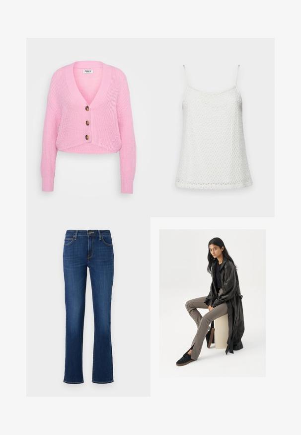 Roze gebreide cropped cardigan met een V-hals, lange mouwen en drie grote bruine knopen aan de voorkant. Gecombineerde stof en geribbelde manchetten.; Witte gehaakte tanktop met dunne bandjes, met een gestructureerde, patroonstof en een iets uitlopende silhoeët aan de zoom.; Donkerblauwe jeans met rechte pijpen, voorzakken, ceintuurlussen, knoopsluiting en zichtbare stiknaden op een witte achtergrond.; Zwarte leren trenchcoat, fitted zwart top, tan fitted broek en zwarte sneakers. Model zit op een cube, met lang steil haar.