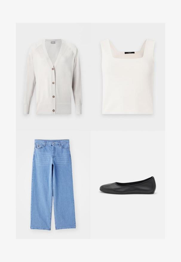 Lys beige langærmet cardigan med knapper, V-hals og fire brune knapper, strikkede manchetter og en slank pasform.; Ærmeløs hvid top med firkantet halsudskæring, lavet af et glat, blødt stof. Har en afslappet pasform og minimalistisk design.; Lys blå brede ben jeans lavet af denim, med et klassisk fem-lomme design og en knaplukning. Glat tekstur, slidte kanter.; Sort læderballetsko med rund tå, glat tekstur, minimal syning og et fleksibelt såldesign.