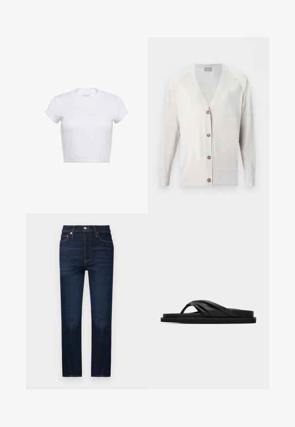 Lys beige langærmet cardigan med knapper, V-hals og fire brune knapper, strikkede manchetter og en slank pasform.; Hvid cropped t-shirt med korte ærmer og ribbet tekstur. Har en rund halsudskæring og en diskret "Calvin Klein"-logo i lys farve foran.; Mørkeblå jeans med lige ben, forlommer, knaplukning og orange kontrastsyninger.; Sort flad sandal med polstret krydsrem og tåstolpe, minimalistisk design på ensfarvet lysegrå baggrund.