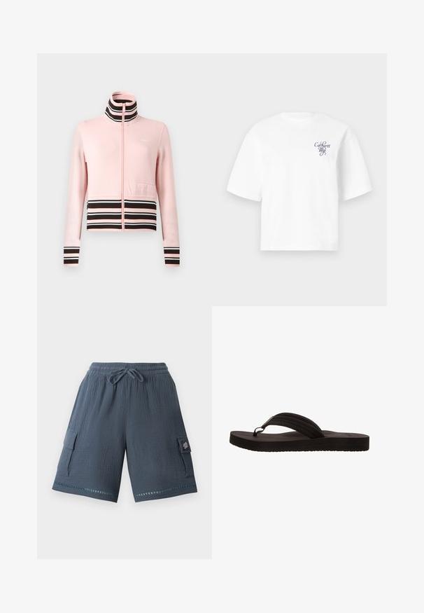Chaqueta deportiva rosa claro con cremallera, cuello alto, franjas horizontales negras y blancas en la cintura y los puños, con un bolsillo delantero.; Camiseta blanca de manga corta con corte holgado y pequeño logo "Carhartt Wip" en cursiva en el pecho izquierdo.; Pantalones cortos texturizados de color gris oscuro con cintura elástica, cordón ajustable, bolsillos cargo laterales y una tira reflectante cerca del dobladillo.; Chancla negra con suela de goma, que presenta un diseño de sola tira con tres ranuras horizontales. Textura plana y suave sin patrones adicionales.