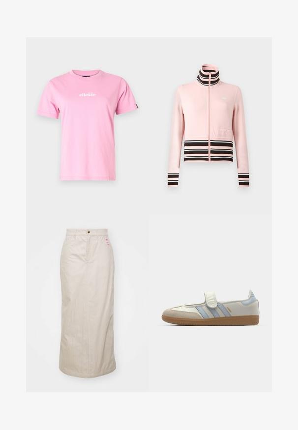 Veste de sport rose clair à fermeture éclair avec un col montant, des rayures horizontales noires et blanches à la taille et aux poignets, avec une poche avant.; T-shirt en coton rose avec un col rond, des manches courtes et un logo blanc imprimé sur le devant. Texture lisse, coupe décontractée.; Jupe beige à rayures, taille haute, avec fermeture éclair dissimulée et bouton en métal. Inclut une petite étiquette de marque sur le devant.; adidas Originals SAMBA JANE BALLERINA - Babies - cloud white/halo blue