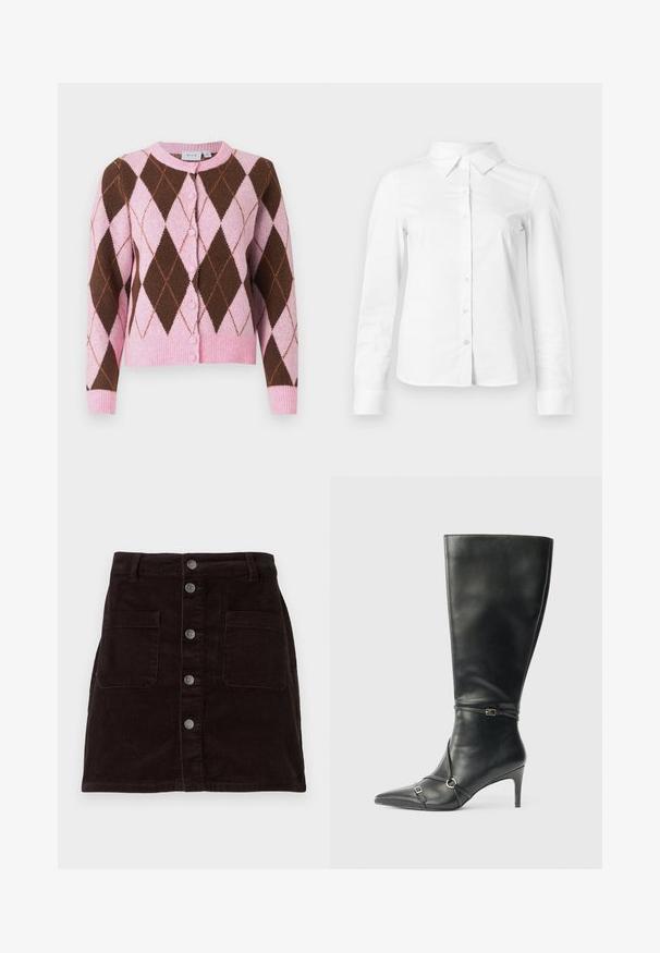 Cardigan à motif argyle en rose et marron, avec un col rond, fermeture à boutons et bords-côtes à l'ourlet et aux manches. Texture douce.; Chemise blanche à manches longues avec boutons, col pointu, ourlet droit et silhouette ajustée, présentée sur un fond clair uni.; Jupe en velours côtelé marron au design cintré, avec fermeture à boutons sur le devant, deux poches latérales et une texture côtelée verticale sur l'ensemble.; Bottes noires en cuir montant jusqu'au genou, avec un talon fin, un bout pointu et des détails de lanière à la cheville. Texture lisse et design ajusté.